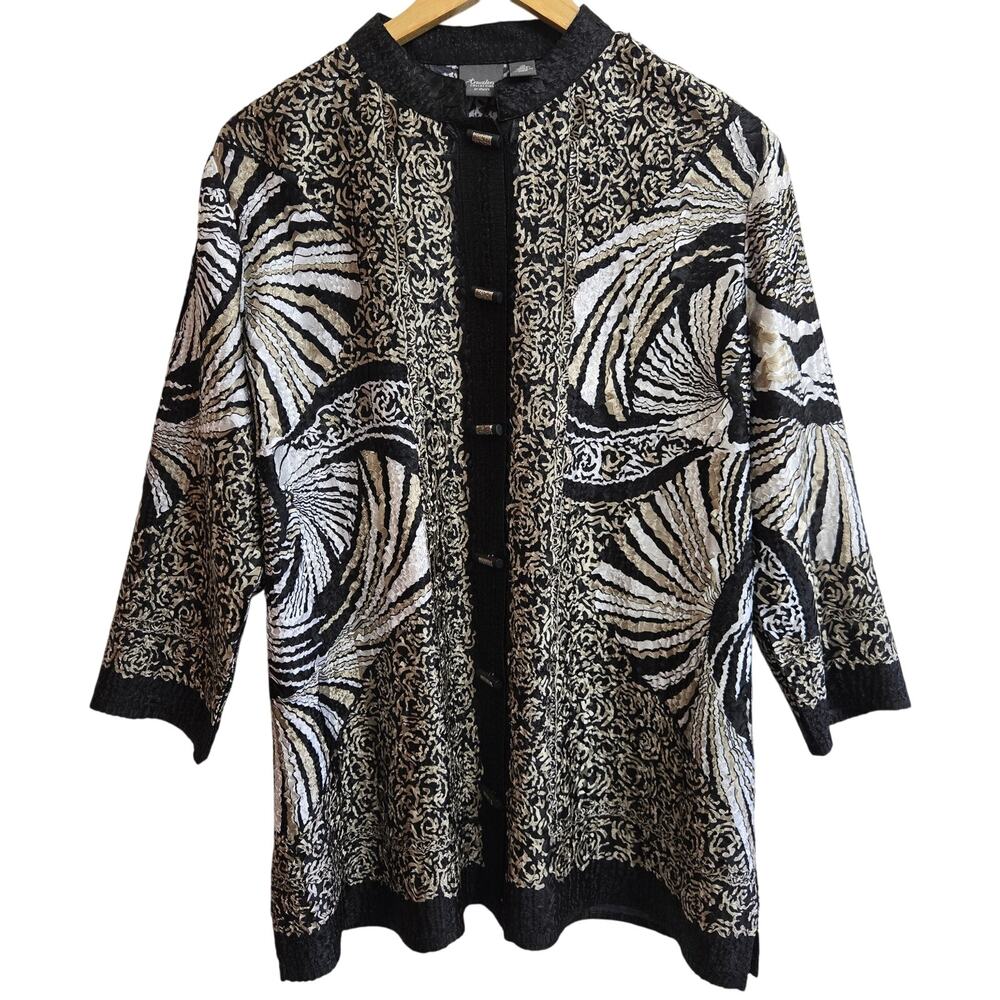 Chicos Travelers 2 Womens Vtg Abstract Art Crinkle Asain Mandarin Collar Tunic L